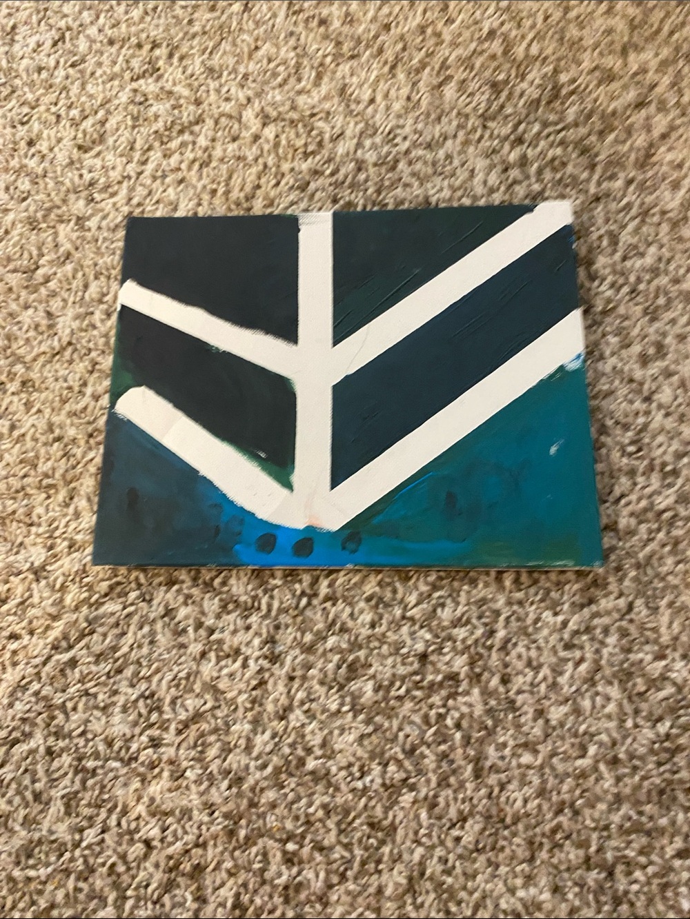 Abstract Chevron Canvas Painting in Teal, Navy and White